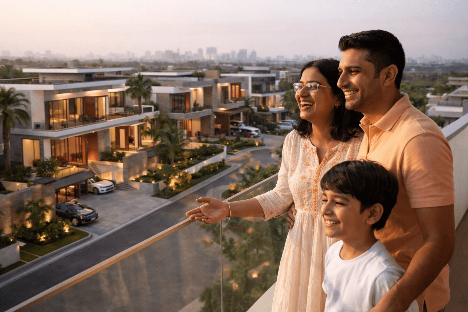 Modern residential and commercial buildings with city skyline, representing premium verified property listings on Intel Realty.